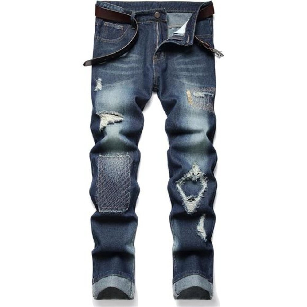 Men's Ripped Jeans Regular Fit Distressed Slim Straight Leg Stacked Biker